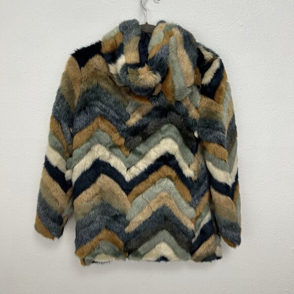 Forever 21 Faux Fur Colorful Chevron Hooded Coat  Unique Mob Wife Retro Bold M - Picture 7 of 13